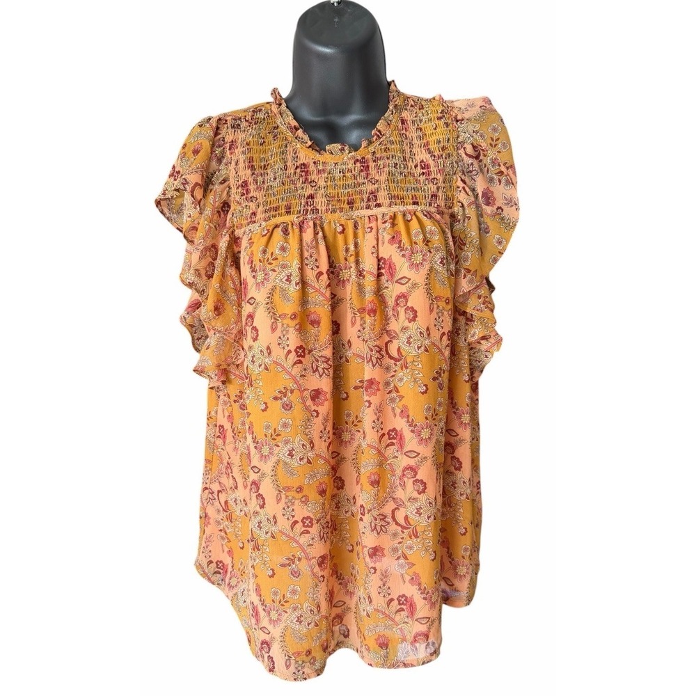 Caroline Belle Montreal Women's M Paisley Floral Smocked Ruffle Sleeve Blouse